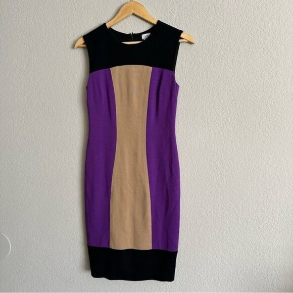 Cache Women's Size 2 Purple Black Tan Contour Colorblock Dress SheathFitted! - Picture 2 of 10